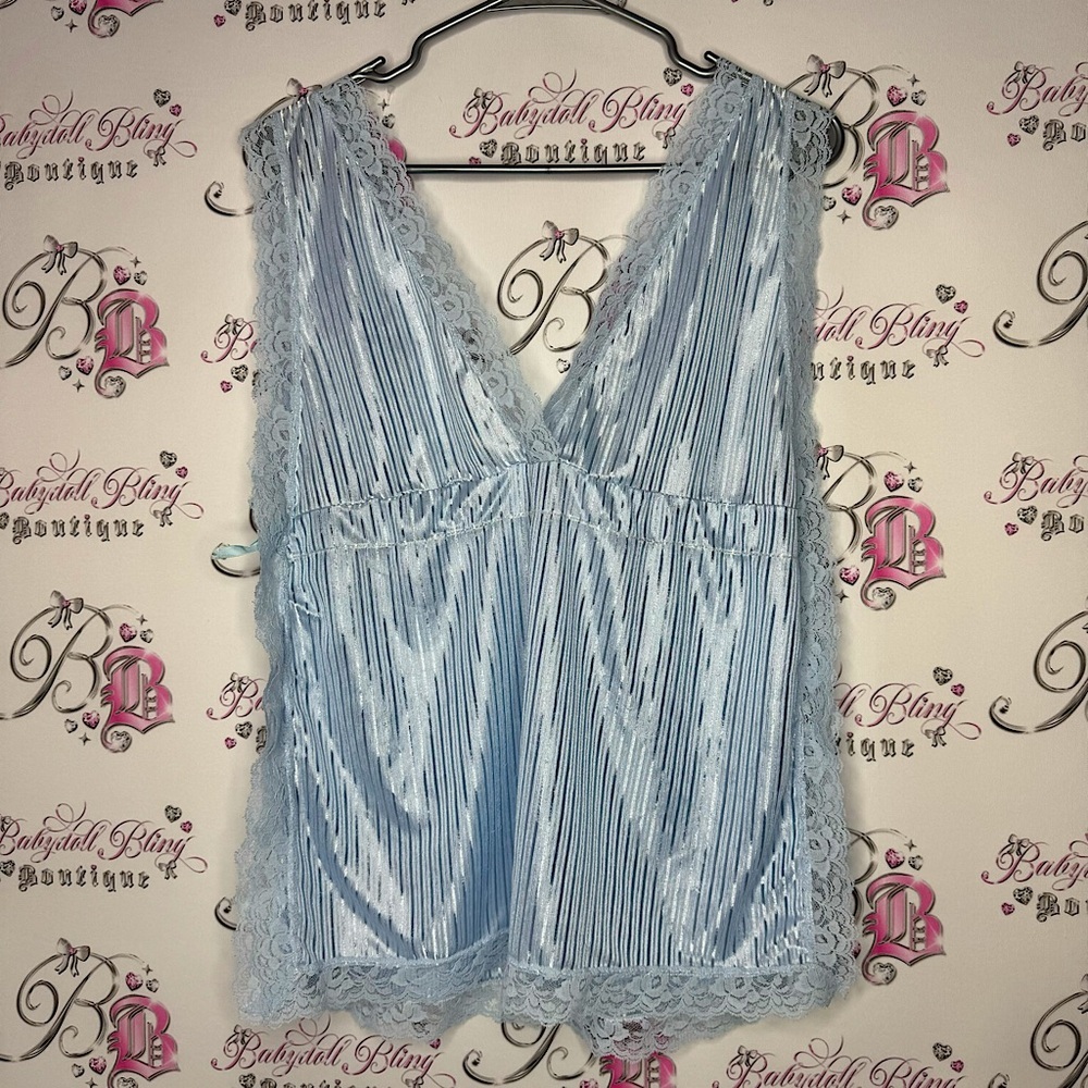 Tank top lace shimmer blue striped sides open with ribbon 🎀 bows retro vintage